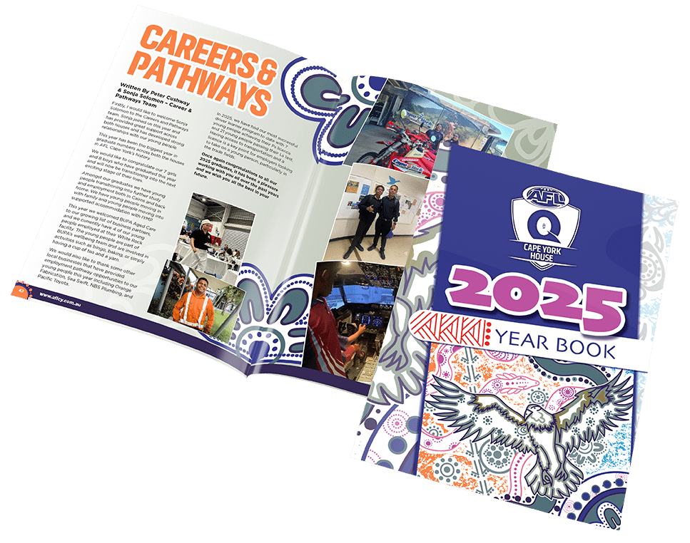 Open spread titled 'Careers & Pathways' with a photo collage; overlapping '2025 Year Book' cover visible on the right.